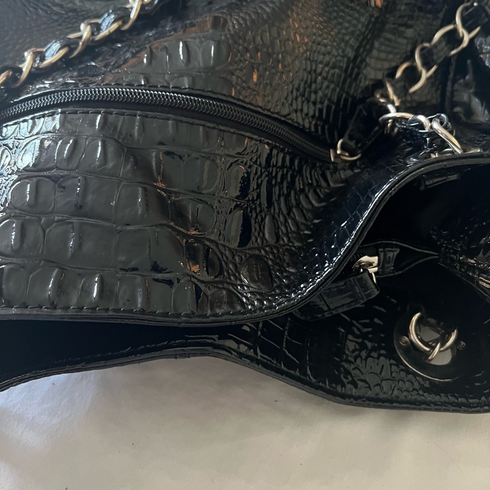 Nicole Miller Glossy Black Croc Shoulder Bag - Picture 7 of 11